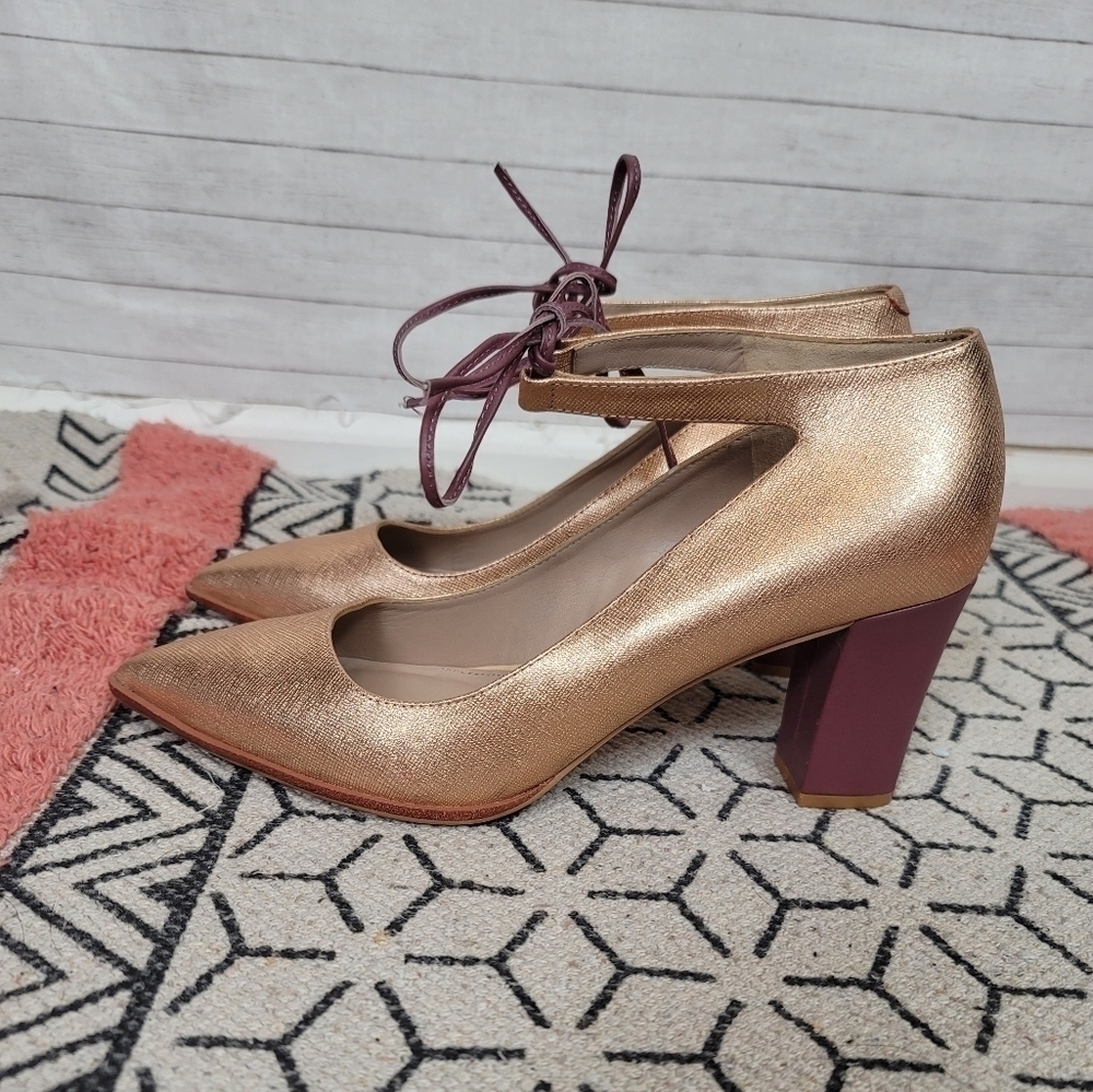 Anthropologie Metallic Rose Gold Pointed Toe Heels with Mauve Ties - Picture 2 of 16